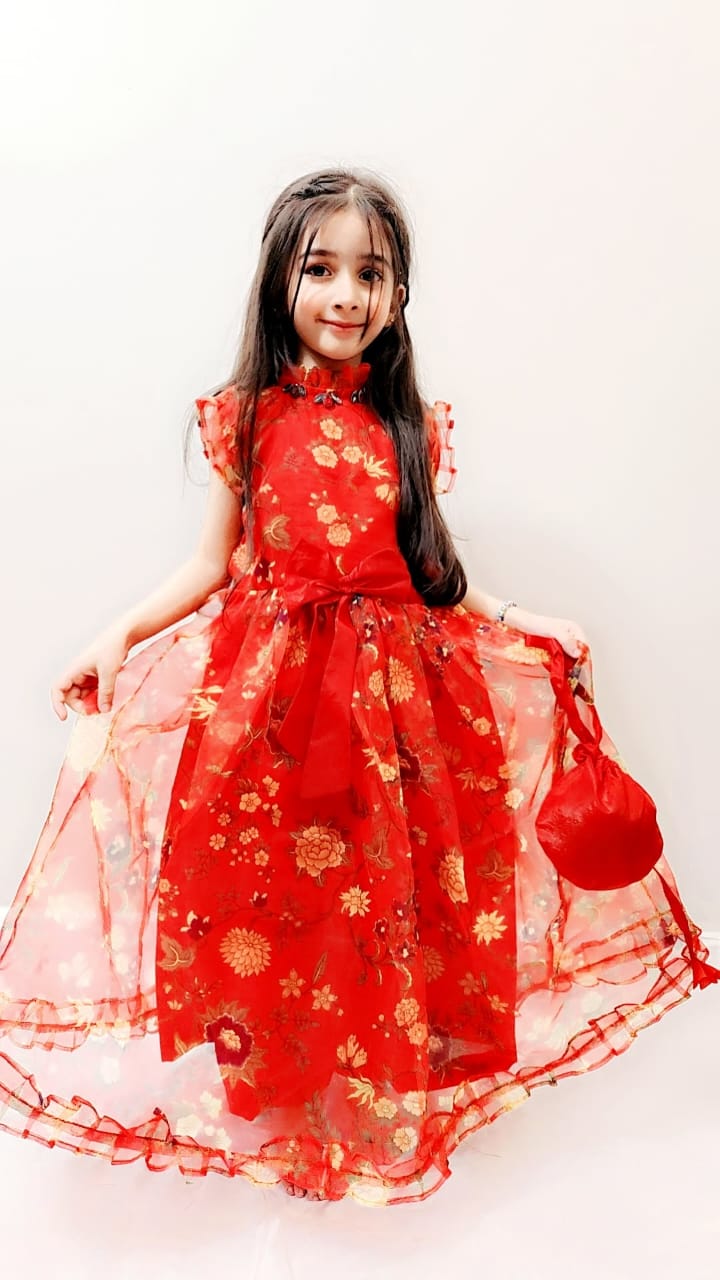 Elegant Red Floral Princess Dress for Girls – Festive & Party Wear