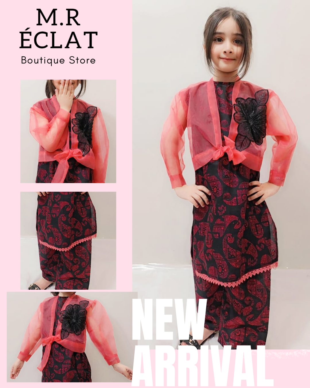 Type: 2-Piece Kids Lawn Suit Color: Deep Maroon with Coral Organza Jacket