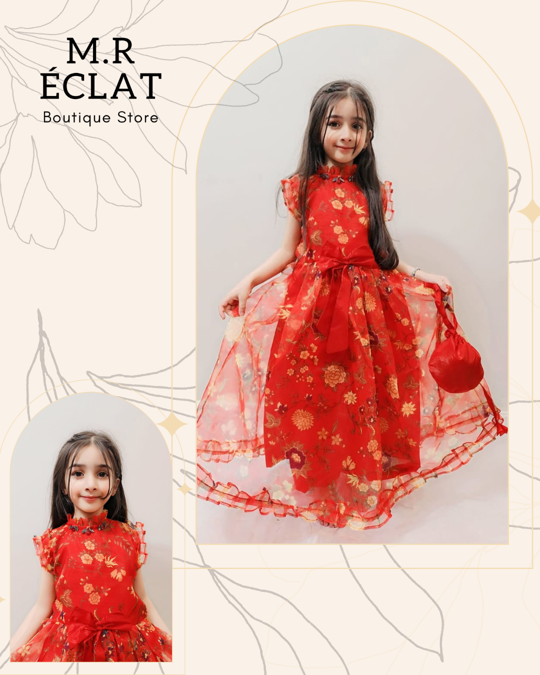 Elegant Red Floral Princess Dress for Girls – Festive & Party Wear